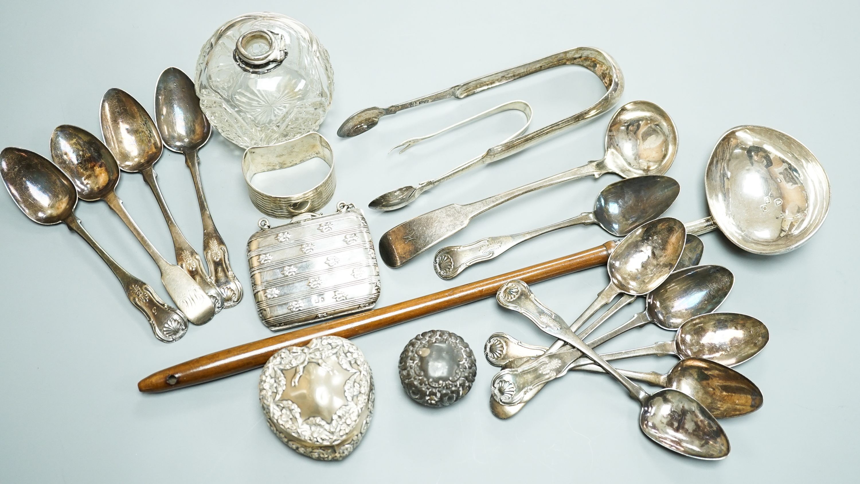 An 18th century silver toddy ladle, with wooden handle(a.f.) and a group of small silver including flatware, napkin ring, scent bottle, repousse box and cover and purse.